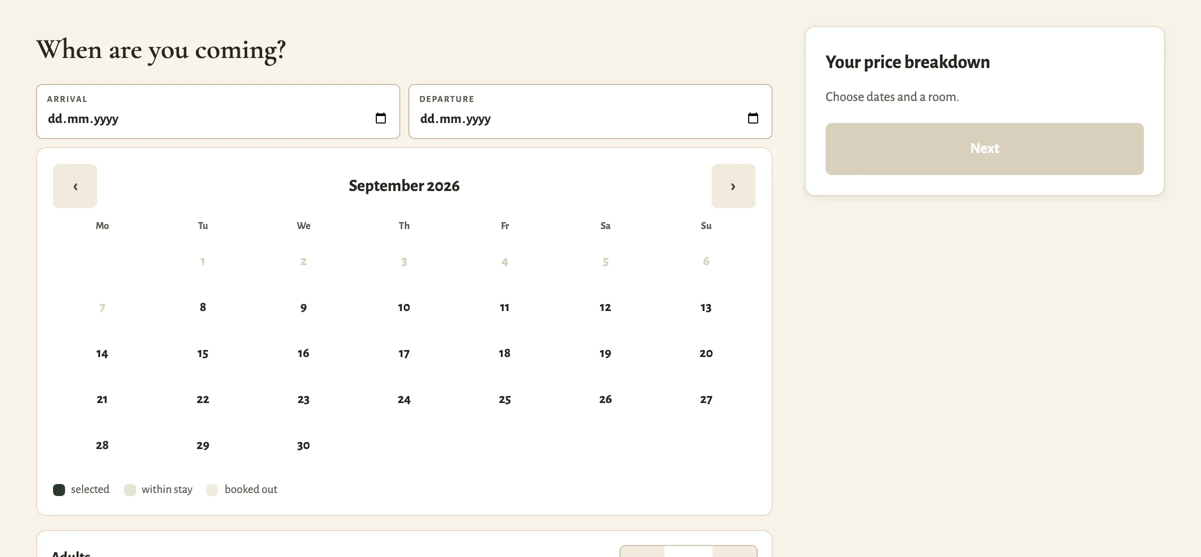 Booking flow of the Gasthof zur grünen Weide: the question “When are you coming?” above a calendar